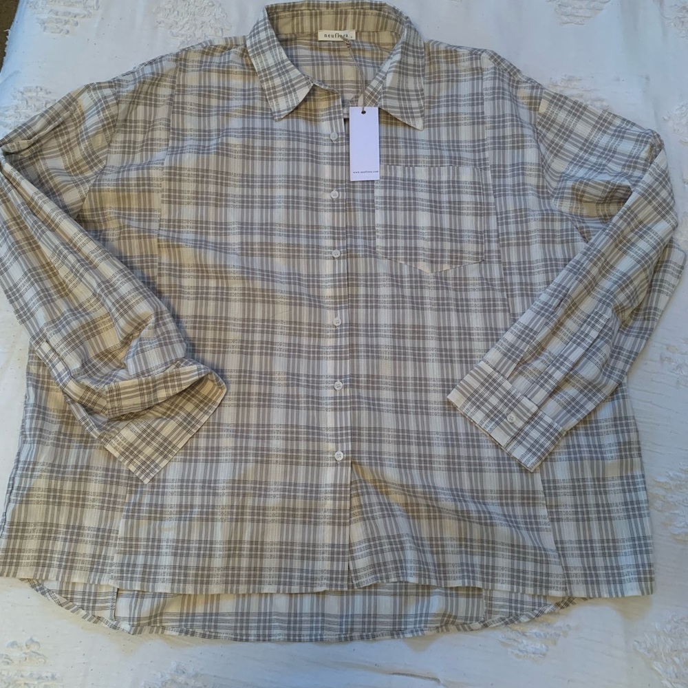 Plaid Button-Down Shirt in Gray and Cream